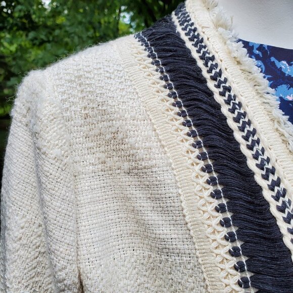 Chico’s Cream/Black Textured Open Front  longline Jacket Cotton Size 2/L - Picture 2 of 5